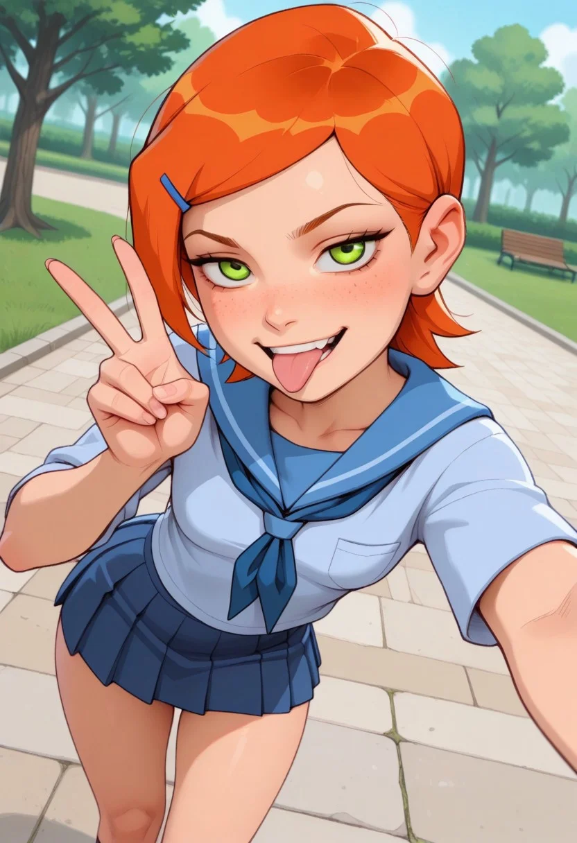 masterpiece, best quality, good quality, very aesthetic, absurdres, newest, 8K, depth of field, focused subject, mythp0rt,
stylized, wabi sabi,
1girl, gwentennyson, orange hair, short hair, green eyes, messy hair, freckles, cute,
smug, mouth open, tongue out,
petite body, small waist, curvy, thighs, shapely legs,
small breasts,
school uniform,
dynamic angle, selfie, peace sign,
park,