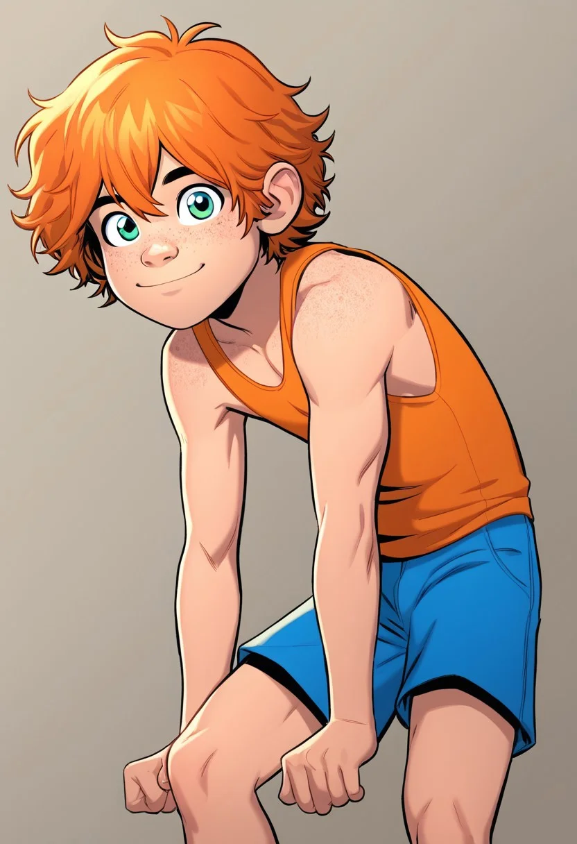 1boy, solo, cute boy, Bailey Briggs, Orange Hair, Blue Eyes, Freckles, Green Eyes, tank top, blue shorts