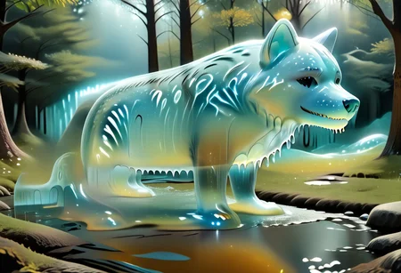 animal_guardian, wolf, Wolf made out of slime, slime wolf in a forest, forest made out of slime, 
natural light, no bright spots, 
((translucent slime)), ((transparent slime)), made of water, (bioluminescent slime), sl1m3, slime, slime-morph, ais-blmn, saturated colors, no creatures, no humans, no monsters, no pokemon, scenery only, scenery, ral-lava, watce