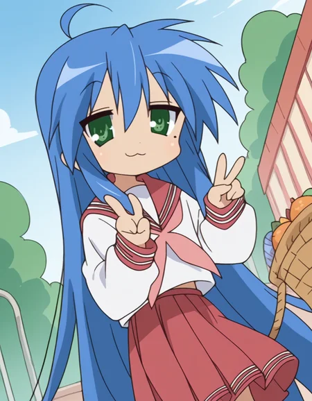 score_9, score_8_up, score_7_up, source_anime, <lora:konata-izumi-s1-ponyxl-lora-nochekaiser:1>, konata izumi, long hair, very long hair, green eyes, blue hair, ahoge, mole, mole under eye,, skirt, long sleeves, school uniform, pleated skirt, serafuku, sailor collar, neckerchief, red skirt, ryouou school uniform,, farmers market, fresh produce, local vendors, baskets, sunny day, community, , v, v over eyes,, looking at viewer, solo,, dutch angle, cowboy shot