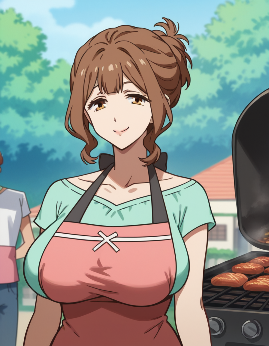 score_9, score_8_up, score_7_up, source_anime, <lora:torino-kazami-s1-ponyxl-lora-nochekaiser:1>, torino kazami, large breasts, brown hair, brown eyes, mature female, folded ponytail, sidelocks,, shirt, apron, green shirt, collarbone, pink apron, pants, denim, backyard, barbecue, grilling, laughter, summer evening, , looking at viewer, smug, solo,, cowboy shot, dutch angle