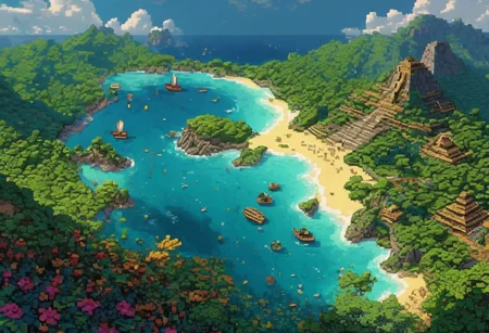 ( dramatic photo), extreme-detailed, detailed pixel-art style , illuminated field, (super detailed) , masterpiece, 8k, (masterpiece), <lora:detailed_notrigger:1>, film, Ultra High Resolution, (highly detailed), (epic), A perfect ocean landscape in earth, water flow, world of technology mixed with ancient Mayan civilization, trees of yellow crystals all around, Pixel_Art