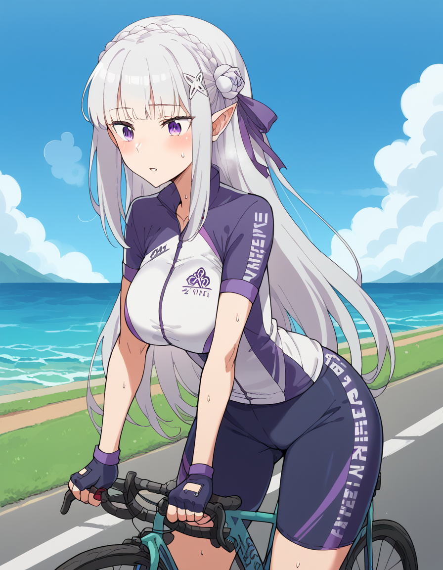 score_9, score_8_up, score_7_up, source_anime, <lora:rezero-emilia-s3-p1-ponyxl-lora-nochekaiser:1>, emilia, braid, crown braid, flower, hair flower, hair ornament, hair ribbon, long hair, pointy ears, purple eyes, white hair, x hair ornament, large breasts, <lora:cycling-uniform-ponyxl-lora-nochekaiser:1> cycling uniform, bicycle, bike jersey, bike shorts, biker clothes, fingerless gloves, gloves, road bicycle, short sleeves,, road, mountains, ocean, blue sky, clouds, bent over, parted lips, sweat, steam, blush, cowboy shot,