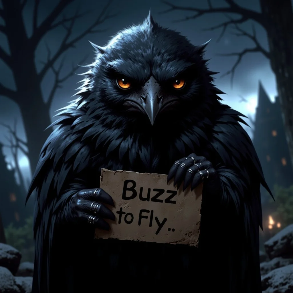 score_9, score_8_up, score_7_up,
plump, black feathered raven chick, ((big round eyes)), sharp beak, puffed up feathers, cute and scary, ((hold sign that says "Buzz to Fly")), night time, stormy night, outdoors
high resolution, detailed, 4k, realism, rule of thirds, golden ratio, depth of field,