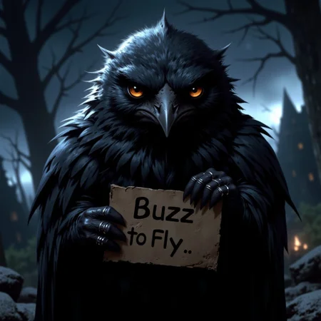 score_9, score_8_up, score_7_up,
plump, black feathered raven chick, ((big round eyes)), sharp beak, puffed up feathers, cute and scary, ((hold sign that says "Buzz to Fly")), night time, stormy night, outdoors
high resolution, detailed, 4k, realism, rule of thirds, golden ratio, depth of field,
