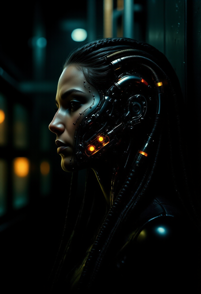 Delirium style, AbstractChaos style, cybernetic woman with a strong, mechanical appearance. Her face is adorned with intricate metal and cybernetic components, including glowing lights and mechanical bolts. Her hair is long and braided, with strands of metal and wires visible. The background should be a dark, industrial setting with blurred lights and structures, giving a sense of a futuristic, sci-fi environment. The overall style should be dark and dramatic, with a focus on the intricate details of the cybernetic components. The subject is a humanoid figure with a smooth, polished, almost metallic dark colored head, suggesting a cybernetic or alien-like appearance. The face is rendered in a gradient of deep colored tones, with intricate, swirling patterns in shades of that evoke the appearance of circuitry or cosmic energy.
<lora:flux_realism_lora:0.8>,  <lora:MysticFantasy:0.8>,  <lora:ARTifacts:0.8>,  <lora:Delirium:0.8>, Delirium style,  <lora:style_of_H._R._Giger_FLUX_295:1>, style of H. R. Giger, <lora:AbstractChaos-Flux:0.5>, AbstractChaos styleâââ
