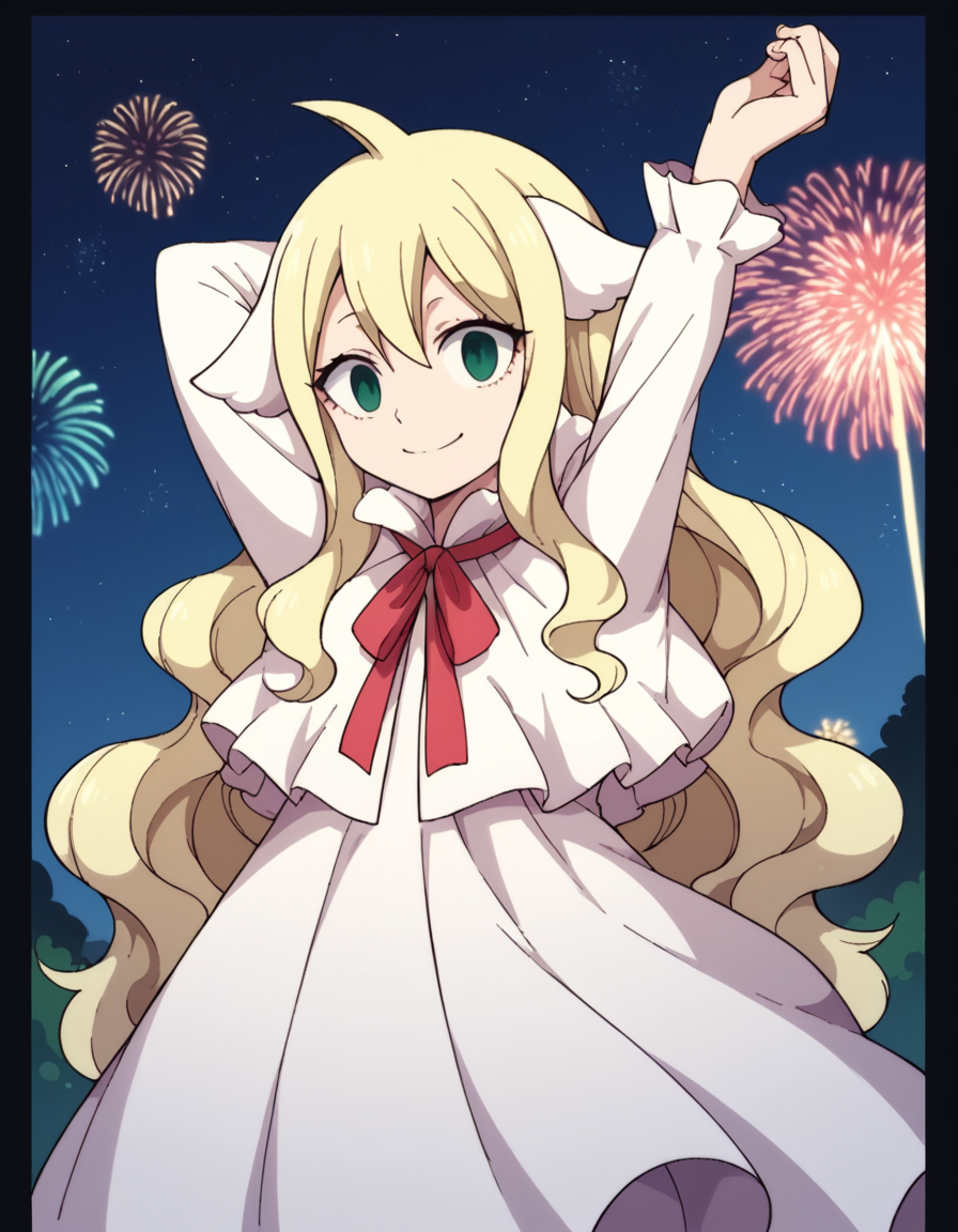 score_9, score_8_up, score_7_up, source_anime, <lora:mavis-vermillion-anime-ponyxl-lora-nochekaiser:1>, mavis, long hair, blonde hair, green eyes, ahoge, wavy hair, animal ears,, dress, white dress, collar, ribbon, red ribbon, capelet, long sleeves,, festival, fireworks, summer night, food stall, traditional, arms up,, smile, , arm bent at elbow, solo,, cowboy shot, dutch angle