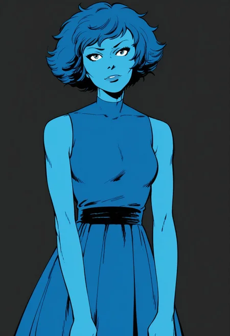 score_7,  score_6_up,1girl,lapizlasuliSDXL,solo,short hair,dress,blue hair,navy blue eyes,sleeveless,blue dress,colored skin,blue skin, 
detailed face, (black outlines:1.3), lineart, jbyrnepdxl, hard shadows