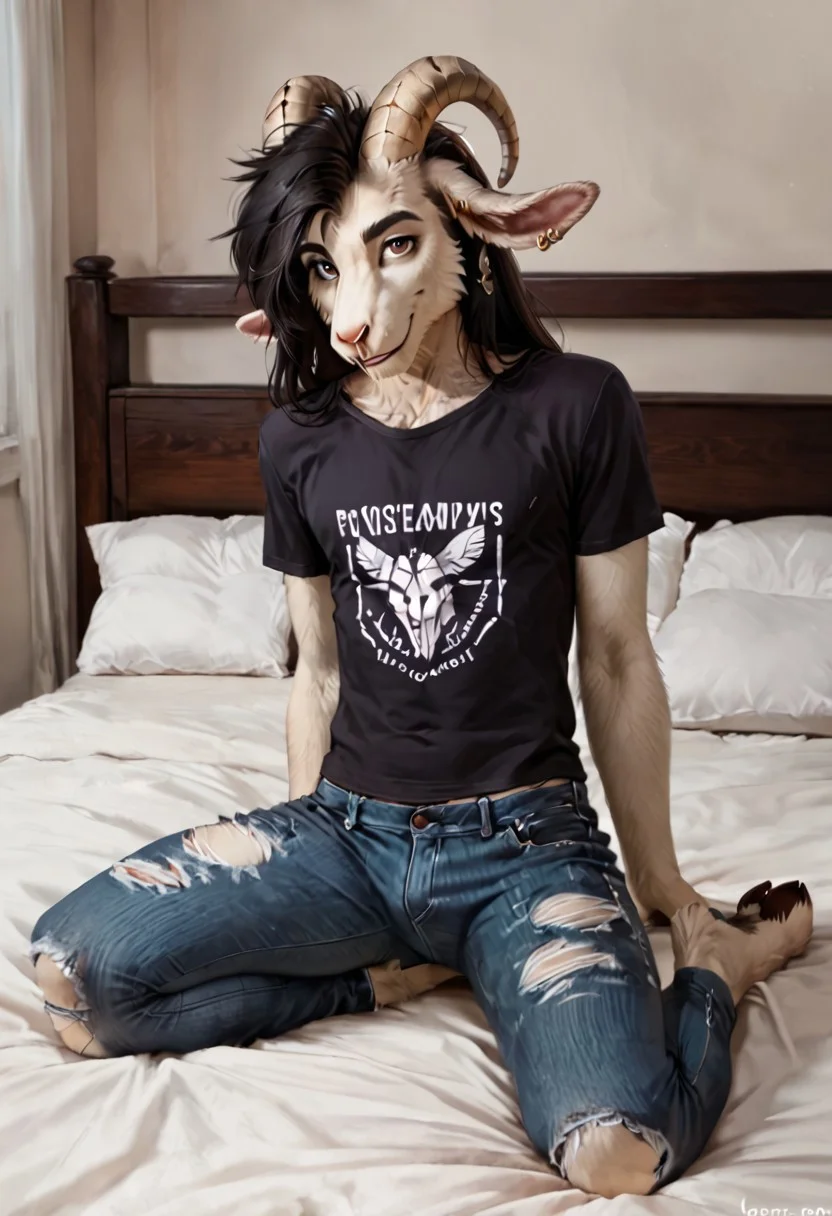 score_9, score_8_up, score_7_up, score_6_up, high res, detailed background, detailed face, detailed mouth, high detail, (furry, fluffy), slim body, full body, male, (((1boy, solo))), goat, black hair, long hair, brown eyes, looking at viewer, black T-shirt, torn jeans, long goat horns, smile, in bed, nose piercing, ear piercing, goat tail, paws, slim figure