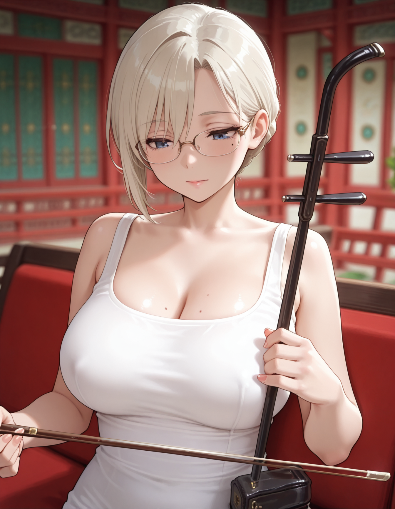 masterpiece,best quality,amazing quality,very aesthetic,high resolution,ultra detailed,perfect details,anime coloring,
mature female,short hair,platinum blonde hair,mole under eye,blue eyes,beautiful detailed eyes,larg breasts,oval face,glasses,<lora:748cmSDXL:0.5>,748cmstyle,<lora:AIã¤ã©ã¹ããããã:0.2>,
<lora:mai_playing_erhu:1>,mai_playing_erhu,sitting,