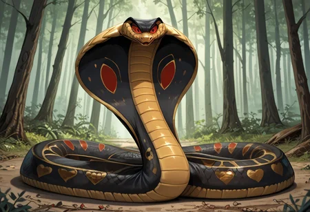 score_9, score_8_up, score_7_up, feral cobra snake, male cobra snake, scales, scalie, SnakeJafar, giant cobra snake, feral, cobra hood, black body, black scales, golden scales, golden underbelly, giant, giant size, extremely long body, glossy body, shiny scales, red pattern, red eyes, forest, confident face, smug, detailed background, 4k, masterpiece, best quality, highly detailed, realistic, dramatic lighting, long shadows, (limbless), (serpent), snake body, realistic snake, on the ground, slithering snake, dynamic shot, wide shot, snake, armless, legless,