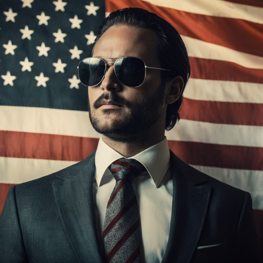 Dark Fantasy Art of  <lora:Cinematic Hollywood Film:1.5>
Epic Creative Scene a 1970's man in a tie and sunglasses standing in front of a flag Cinematic Hollywood Film Style, dark, moody, dark fantasy style