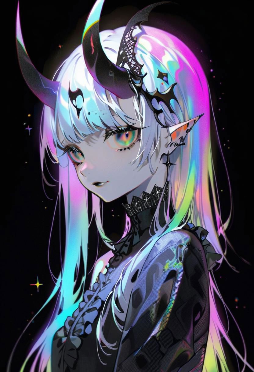pale demon girl , prismatic coloring, holographic vibe, chromatic black lace blouse, gothic background, (long straight horns:1.2)