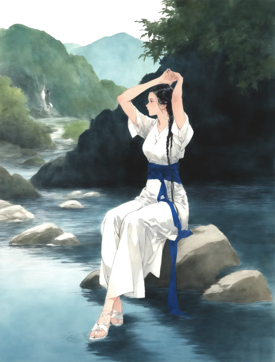1girl, solo, long hair, river, black hair, long hair, sitting, full body, braid, short sleeves, pants, arms up, sash, profile, white footwear, sandals, invisible chair, traditional media, partially submerged,
masterpiece, absurdres,
<lora:freehandink_V1:1>
