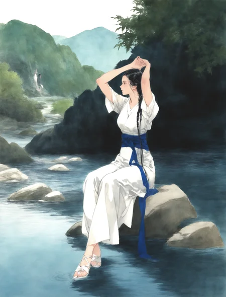 1girl, solo, long hair, river, black hair, long hair, sitting, full body, braid, short sleeves, pants, arms up, sash, profile, white footwear, sandals, invisible chair, traditional media, partially submerged,
masterpiece, absurdres,
<lora:freehandink_V1:1>