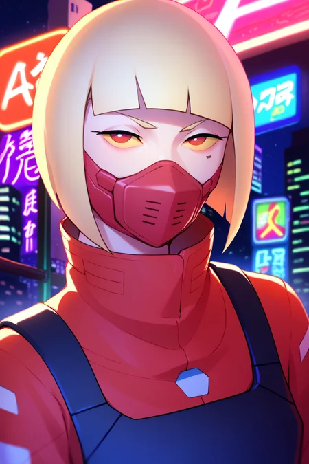 score_9, score_8_up, score_7_up, BREAK, <lora:pudgeruffian-guy-PONYv1:1>, 1girl, solo, <lora:cpedgerunners_kiwi_ponyXL:1> cpkiwi, mouth mask, bob cut, red eyes, yellow sclera, red coat, high collar, long sleeves, outdoors, night, night sky, cyberpunk, city, neon lights, looking at viewer, depth of field, outdoors,