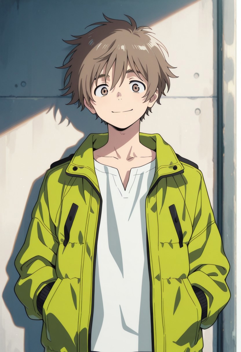 masterpiece,best quality,amazing quality, source_anime, 
shunhashimoto, 1boy, male focus, solo, brown eyes, brown hair, shirt, green jacket, open jacket, smile,