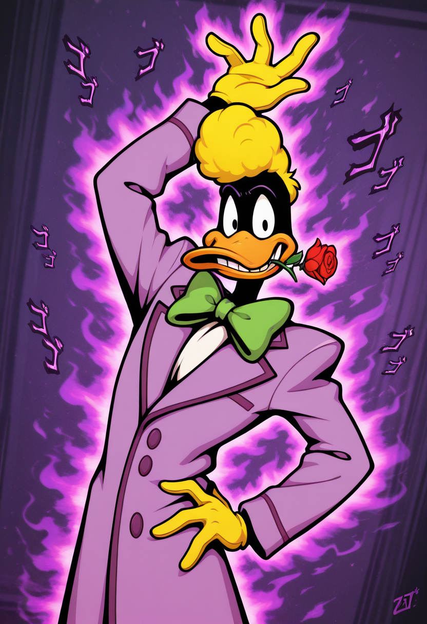masterpiece, best quality, Graphic Design, color art, vibrant colors, colorful, intricate details, high contrast, detailed background, beautiful detailed, beautiful face, detailed eyes, detailed face, new, newest, z00td4ffy, 1boy, solo, male focus, furry, duck, black skin, beak, black eyes, yellow hair, pompadour, suit, formal, purple coat, yellow gloves, green bowtie, menacing, purple aura, cowboy shot, dynamic pose, rose in mouth, grin, one arm above head, one hand on hip, dutch angle,