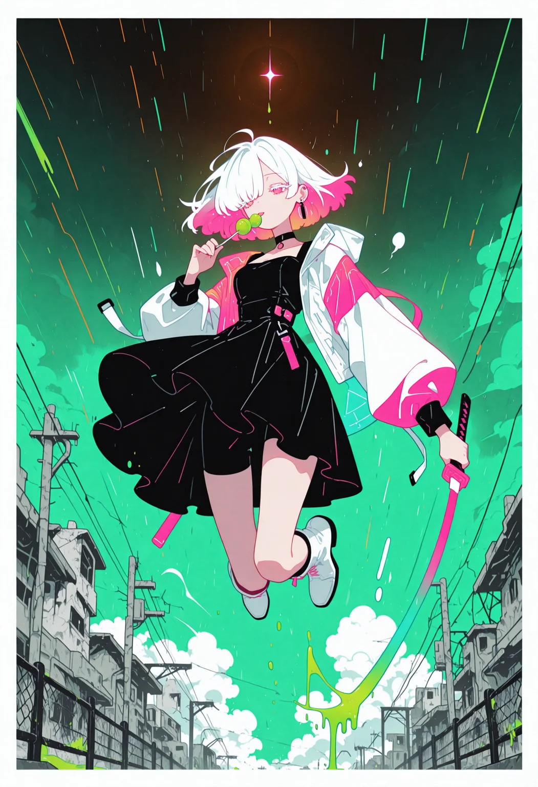 masterpiece, best quality, good quality, very aesthetic, absurdres, newest, 8K, from below,
dark stormy background, slanting rain, rainstorm, tempest, turbulent atmosphere, strong winds, raining heavy,
(clothes and hair blown strongly by the wind, flowing fabric, disheveled hair, billowing skirt, windblown ),
BREAK
full body,
side portrait of stunning girl jumping from summit of ruin, heroic pose, dynamic pose, bangs, white hair, multicolored hair, bobcut hair,
pastel cyan eyes, choker, hair over one eye,
small breasts, earrings, ear pierces,
ultra detailed decorative victorian gossamer clothes, very short tight black maid dress, maid apron, over sized holographic color hazard jacket,
white short boots,
pastel gradient green  background (with extremely thick white border on all four sides ),
half closed eyes, unfocused eyes,
distant gaze, emotionless look, looking away, white thick eyelashes, white long eyelashes,
(holding a lollipop, licking a lollipop, 1 lollipop), (holding green blood dripping katana sword), holographic color  katana reflecting light, katana in front,
wrecked fence and buildings in background, (post apocalyptic city background), thick clouds, jumping at  abandoned railway station,
((jumping towards viewer,  flying in air, dynamic pose)),
holographic color highlights,
eye_focus, g0thic, qxys, neon, [[[[flowing hair]]]], Flatline,
<lora:ponyv6_noobE11_2_adamW:0.35> <lora:eye_focus:0.5>
<lora:g0thicILL:0.66> <lora:holographiccolor:0.66> <lora:TrendCraft_The_Peoples_Style_Detailer-v1.0A-3_13_2025-illustrious:0.125>
<lora:flatline:1.65> <lora:petravoice:0.15>