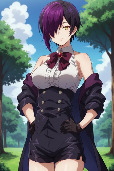 score_9,score_8_up,score_7_up,score_6_up,score_5_up,score_4_up BREAK nihilo,source_anime, 1girl, solo, hair over one eye, yellow eyes, short hair, black hair, white collared shirt, purple hair, looking at viewer, bare shoulders, sleeveless, wine bowtie, standing, black short shorts, tree, official style, off shoulder, sky, closed mouth,smile,red eyelashes, center frills, streaked hair, black gloves, outdoors, day, black open coat, medium breasts, cloud, red brooch, blurry, cowboy shot, one eye covered, underbust, blue sky, cloudy sky black corset,silver buttons,grey buttons,hands on own hips,nature, (from side:0.8) <lora:NihiloPony:1>