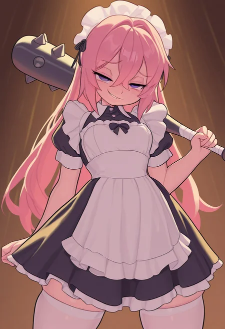 masterpiece, best quality, very aesthetic, high resolution, ultra-detailed, absurdres, newest, extremely detailed eyes, beautiful, perfect lighting, hi res, amazing quality, very awa, Brightly Lit, Highly Visible, 8k, sharp focus, beautiful, perfect lighting, volumetric lighting, scenery, painting_(artwork), Kiding_Ryuu, KDSTL, bing0tarte, CivChan, middle hair, pink hair, purple eyes, french maid dress, lowcut dress, half closed eyes, smirk, parted lips, looking at viewer, wide hips, small breasts, holding spiked baseball-bat over shoulder, one hand on hip, legs apart, white thighhighs, garters, skindentation, elbow globes, simple background, abstract background, 
