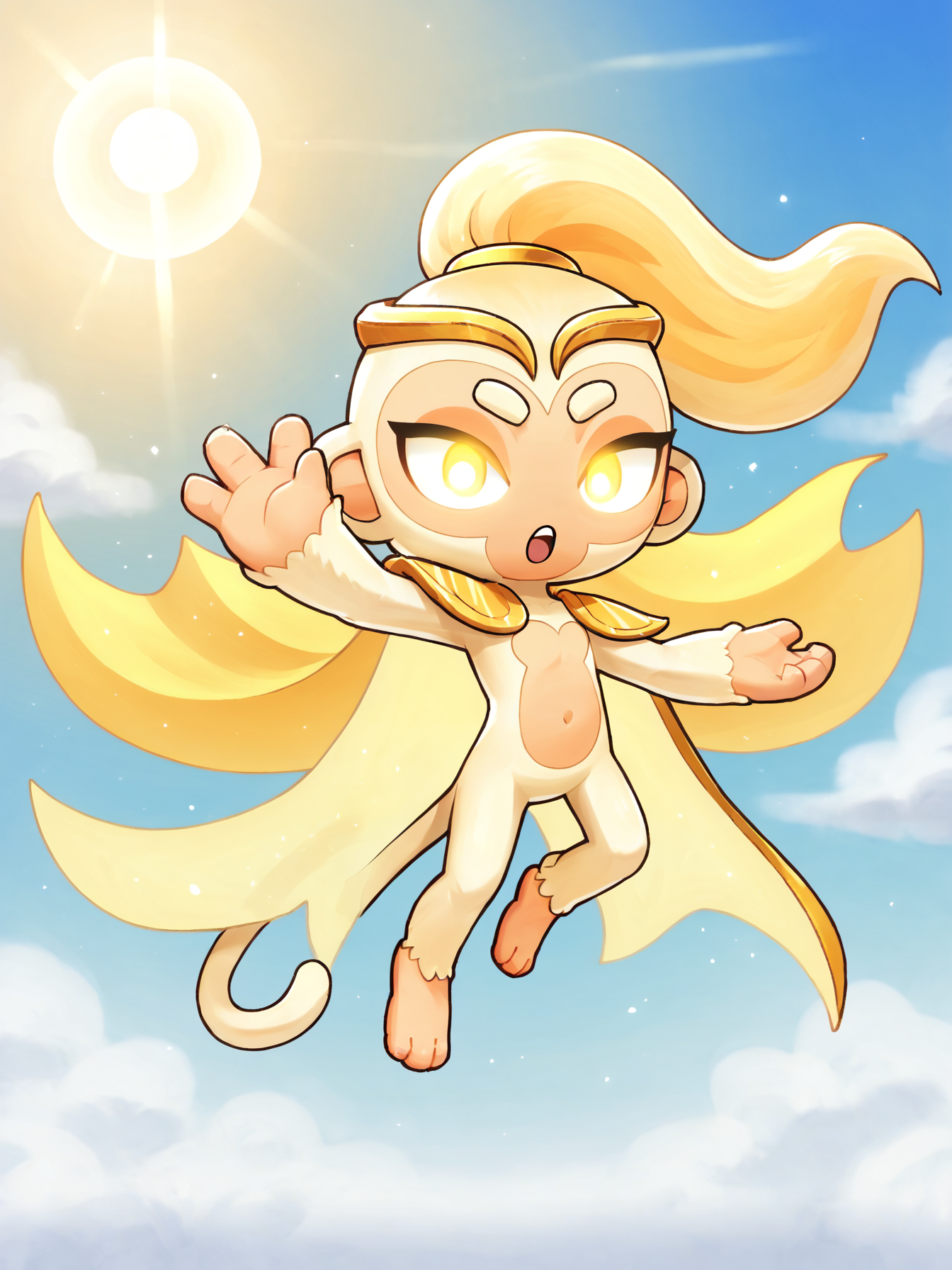 score 6 up,score 7 up,<lora:BTD6:0.8>,btd6,no nose,monkey,furry,adora,white skin,gold hair ornament, gold cape,glowing eyes,flying,sun behind head,sky,solo,open mouth,