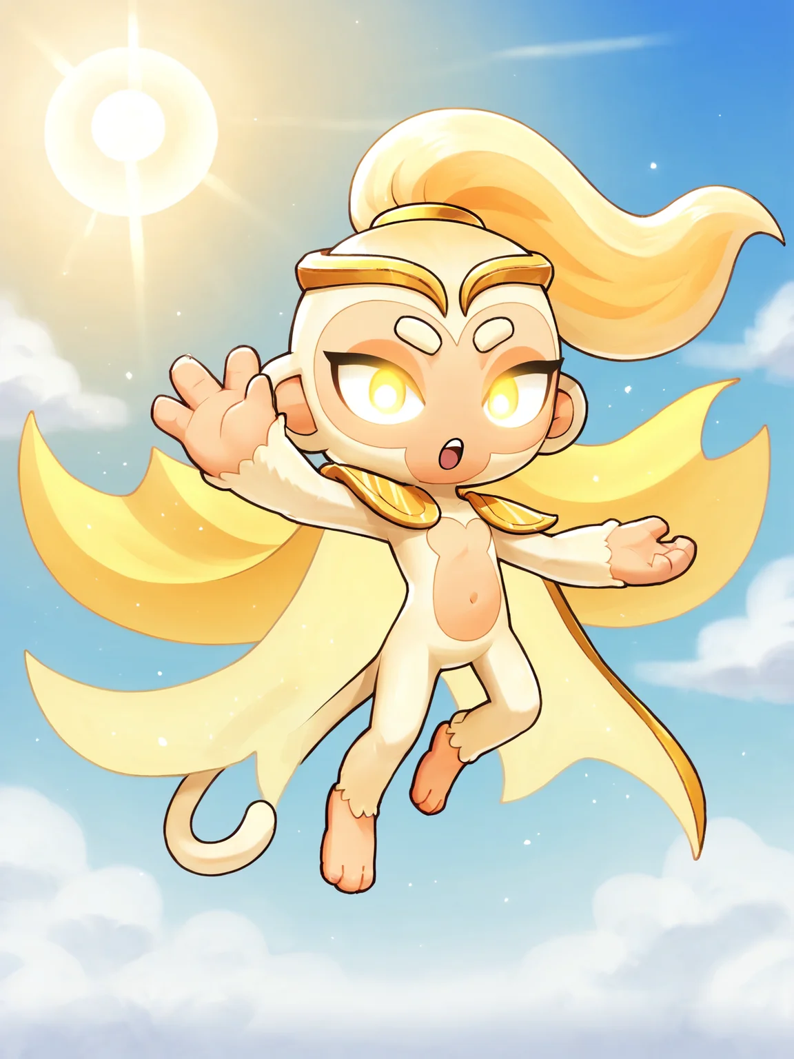score 6 up,score 7 up,<lora:BTD6:0.8>,btd6,no nose,monkey,furry,adora,white skin,gold hair ornament, gold cape,glowing eyes,flying,sun behind head,sky,solo,open mouth,