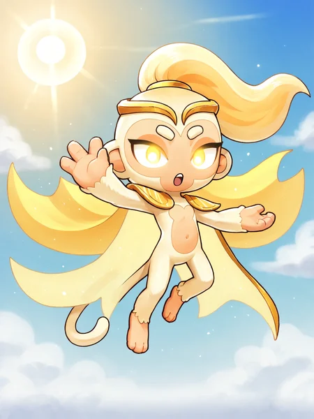 score 6 up,score 7 up,<lora:BTD6:0.8>,btd6,no nose,monkey,furry,adora,white skin,gold hair ornament, gold cape,glowing eyes,flying,sun behind head,sky,solo,open mouth,