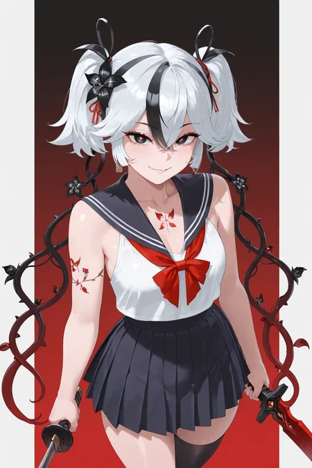 masterpiece,best quality,amazing quality,absurdres, <lora:Camellya_Wuthering_Waves:1>, CamDS, 1girl, black eyes, black flower, black hair, black thighhighs, chest tattoo, flower, hair between eyes, hair flower, hair ornament, hair vines, holding, holding sword, holding weapon, looking at viewer, multicolored hair, pleated skirt, red pupils, sailor collar, serafuku, single thighhigh, skirt, smile, solo, streaked hair, sword, tattoo, thighhighs, two-tone background, weapon, white hair