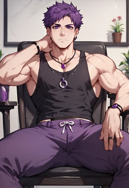 <lora:lora:0.8> score_9, score_8_up, score_7_up, score_6_up, 1man, solo, male focus, restart, purple hair, purple eyes, black tank top, purple pants, necklace, sitting over chair, legs spread, thick thighs, big arms, looking at viewer