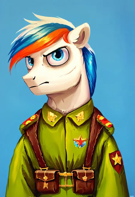 score_9, score_8_up, score_7_up, marussia multicolored hair white fur blue eye, lozhkin, source_pony, army uniform
