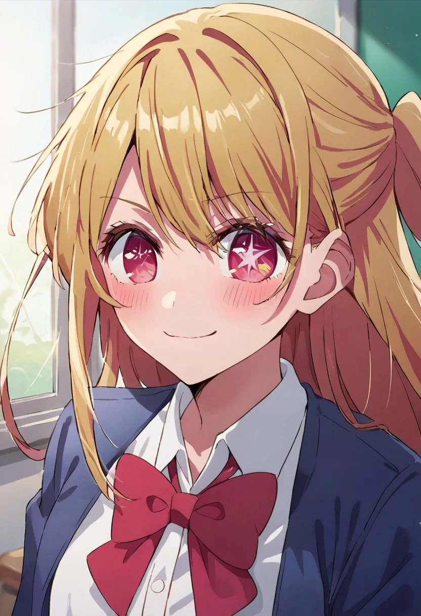 score_9, score_8_up, score_7_up, source_anime,hoshino ruby, one star-shaped pupil, blonde hair, pink eyes,  1girl, solo, classroom, bow, red bow, school uniform, blush, bowtie, shirt, jacket, long hair, white shirt, smile, upper body, :3