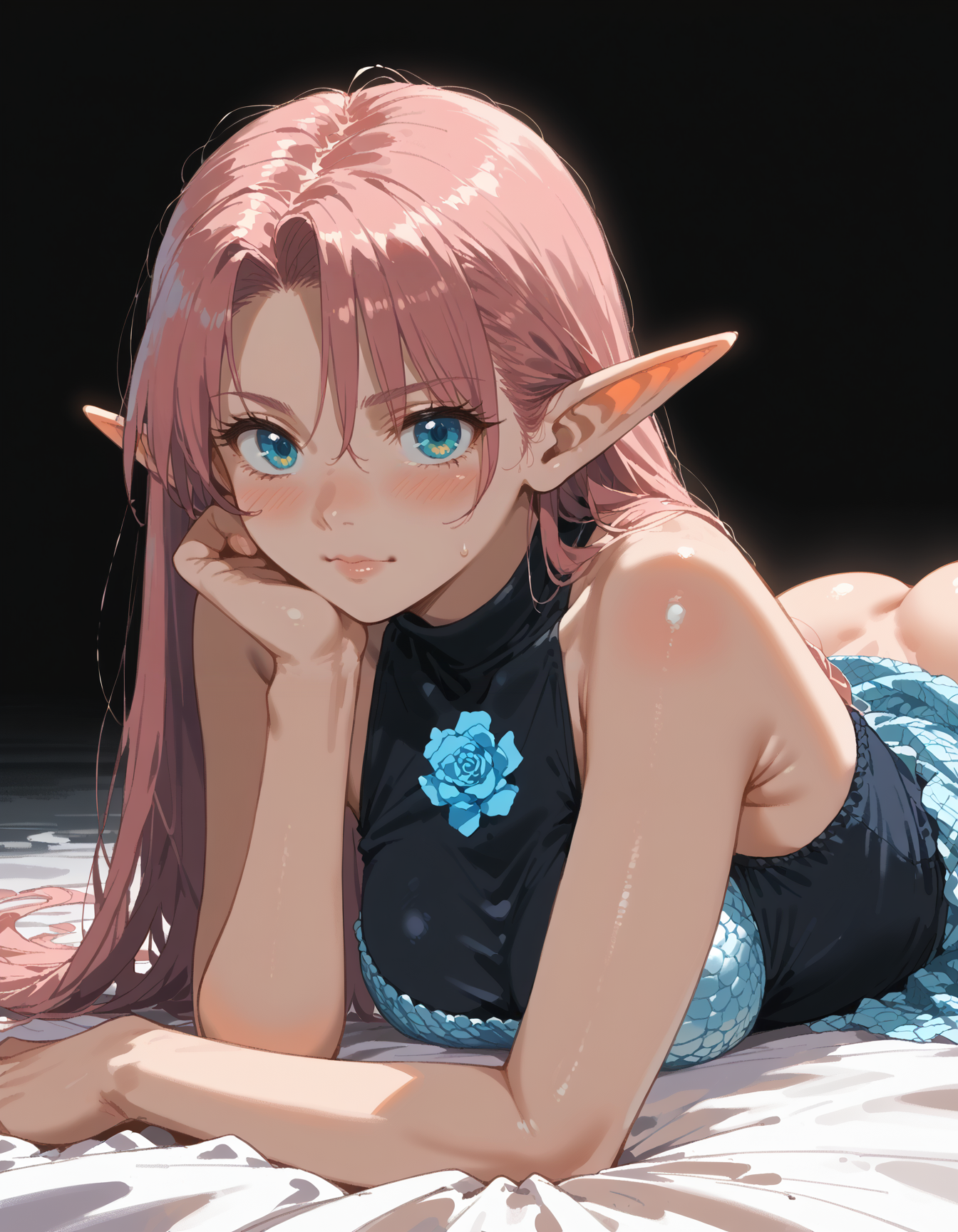 score_9, score_8_up, score_7_up, rating_explicit, dynamic angle, scenic, detailed background, BREAK
1girl, elf, multicolor eyes, pretty eyes, sexy body, breasts, narrow waist, wide hips, round ass, athletic, Lying on the stomach, legs kicked up, old rose color hair, messy half-up hair, Statement-making holographic metallic dress with oversized sequins, starving, BREAK
<lora:Worldly_XL:1> <lora:RAR 0.1v:.1>  <lora:zankuro_ponyv1:.5> <lora:AIU 0.3v:1>  <lora:BBXLP:.7>  <lora:Sadamoto Yoshiyuki_XL_PONY:.4>, detailed skin texture, (blush:0.2), (goosebumps:0.3), subsurface scattering