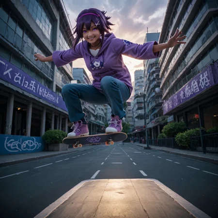 freebo_kickflip, high quality, absurdres, 4k res, masterpiece, skateboard, solo, jumping, air, source_anime, score_7_and_up, good hands, good eyes, 1girl, himari_digimon, tan skin, purple hair, purple eyes, sci-fi, city background, smiling,