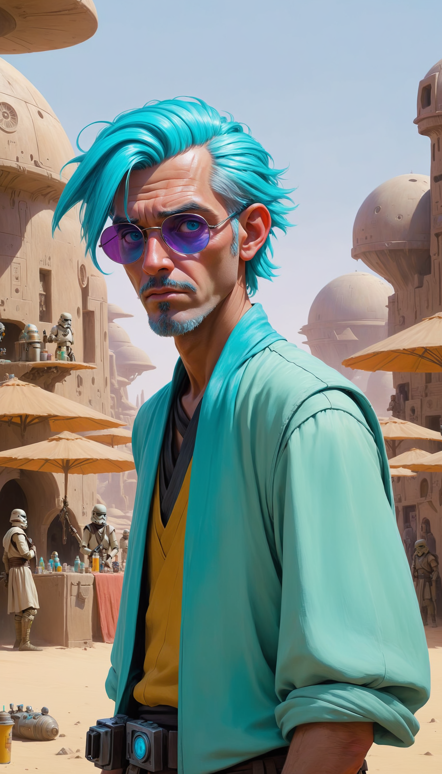 A cyan haired man on vacation enjoying the local party scene  at dawn in Mos Eisley on the planet Tatooine in Star Wars , a look of terror scared horrified , futuristic Neon cyberpunk synthwave cybernetic  Robert Hagan and by Naoko Takeuchi