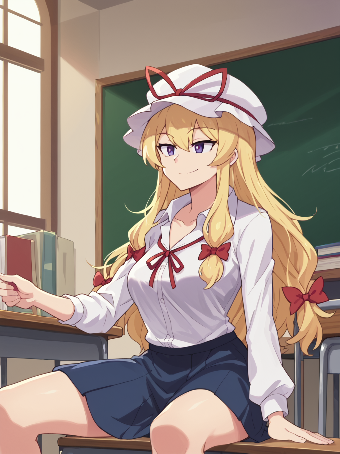 hard shadows, anime screencap, anime_core, score_9, score_8_up, score_7_up, anime screencap, 1girl, <lora:YakumoYukariV4:1> THYukari, mob cap, long blonde hair, hair ribbon, school teacher clothes,  <lora:Fizintine_Art_Style_Pony_DIffusion:1> by fizintine, smile, sitting,