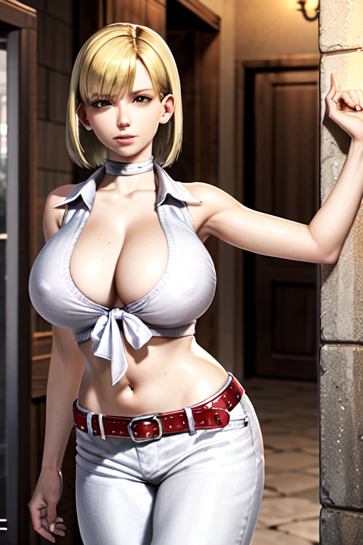 (masterpiece, best quality:1.2), ashley, re4, blonde hair, short hair, bob cut, alt outfit, white outfit, white choker, navel, crop top, tied shirt, white pants, red belt, huge breasts, light brown eyes  <lora:ASHLEYCL4-15:0.7>