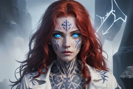 bright red hair, human female, (feminine:1.7), (beautiful face, detailed face:1.6), (beautiful eyes, detailed eyes:1.7), (looking at viewer, eye contact, intense:1.6), (long hair, red hair, curly hair:1.3), , ((masterpiece, best quality, high resolution, realistic, best quality,)), photo realistic, Perfect Face, (detailed face). <lora:GoodHands-vanilla:0.6> <lora:add-detail-xl:0.8>, mage, (Dress White military uniform coat), dagger, rune dagger, glowing runes, , (((glowing magic symbols tattoos, religious tattoos))), ((face tattoos)), glowing tattoos, stone tower in the background