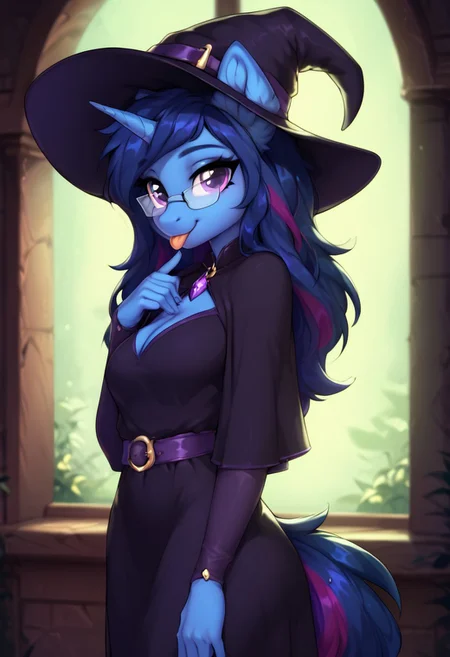 score_9, score_8_up, score_7_up, score_6_up, score_5_up, score_4_up
witch hut, Expressiveh, g0thicPXL, glowing, neon,, fur, detailed fur, body fur, tuft, fluffy, glasses, multicolored hair, Marquis Majordome_(mlp), Purple Eyes, Pale Blue Skin, Blue Hair With Pale red And Purple Streaks, Unicorn Pony,
1girl, female furry, anthro,, long hair, tail, medium breasts, witch clothes, witch hat, wholesome,
standing, 3/4 side view, looking at viewer, smile, tongue out, solo