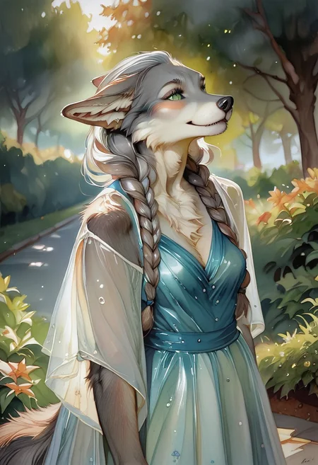 score_9, score_8_up, score_7_up, realistic, slender anthro female wolf, green eyes, gray fur, furry, fluffy fur, fluffy wolf tail, elegant dress, park, furry hands, smile ,watercolor \(medium\), traditional media, braided gray hair, gray twin braids, (ears folded back), folded ears,