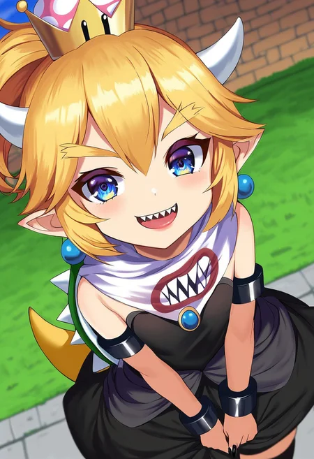 solo, 1girl, female, cute face, young, shortstack, small height, blue eyes, super crown, blonde hair, bangs, earrings, tail, fang, horns, bracelet, pointy ears, armlet, jewelry, spikes, ponytail, spiked shell, turtle shell, thighhighs, black nails, fingernails, hair between eyes, thick eyebrows, nail polish, detailed eyes, brilliant eyes, detailed skin, detailed eyes, detailed lips, perfect face, mischevous expression, sharp teeth, BREAK dress, black dress, white scarf, Koopa clown car, inside Koopa clown car, BREAK outskirts, blue sky, looking at viewer, outdoors, colorful, dutch angle, view from above, looking up, BREAK ((ultra-detailed)), ((best quality)), ((best quality)), ((beautiful eyes)), ((extremely detailed)), 4K, (8K), best quality, (beautiful), Master piece, highres, score_9, score_8_up, score_7_up, score_6_up, score_5_up, score_4_up, colorful, best quality, official art, highres, masterpiece, nai3, god light, detailed background, high quality background,AddXL,