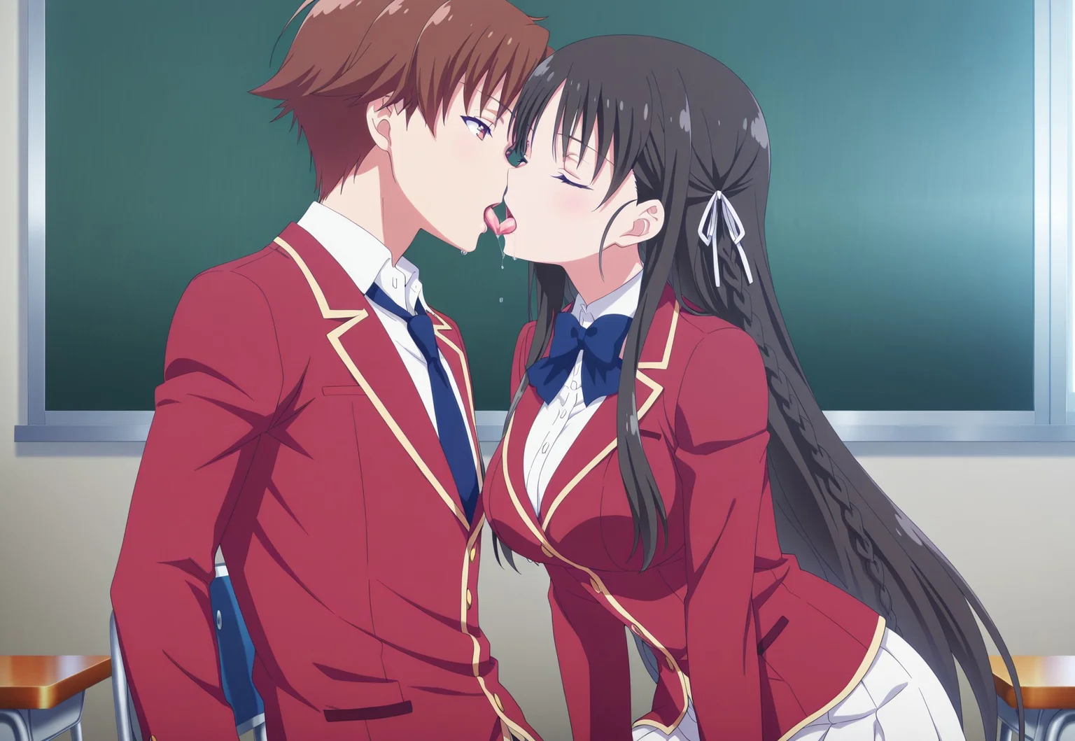 masterpiece, best quality, newest, absurdres, very aesthetic, suzune horikita, horikita suzune, long hair, black hair, red eyes, hair ribbon, braid, mature female,  anime screencap,bow, school uniform, jacket, bowtie, blue bowtie, blazer, red blazer, skirt, white skirt,  middle large breasts) in a classroom,sitting on a chair on a table,laying on a table(kiyotaka_ayanokouji, brown hair, brown eyes, short hair, bangs, parted bangs
school uniform, jacket, necktie, collared shirt, blazer)closed eyes,french kiss,tongue kiss,very wet tongue,sloppy tongue,

