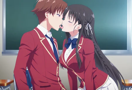 masterpiece, best quality, newest, absurdres, very aesthetic, suzune horikita, horikita suzune, long hair, black hair, red eyes, hair ribbon, braid, mature female,  anime screencap,bow, school uniform, jacket, bowtie, blue bowtie, blazer, red blazer, skirt, white skirt,  middle large breasts) in a classroom,sitting on a chair on a table,laying on a table(kiyotaka_ayanokouji, brown hair, brown eyes, short hair, bangs, parted bangs
school uniform, jacket, necktie, collared shirt, blazer)closed eyes,french kiss,tongue kiss,very wet tongue,sloppy tongue,

