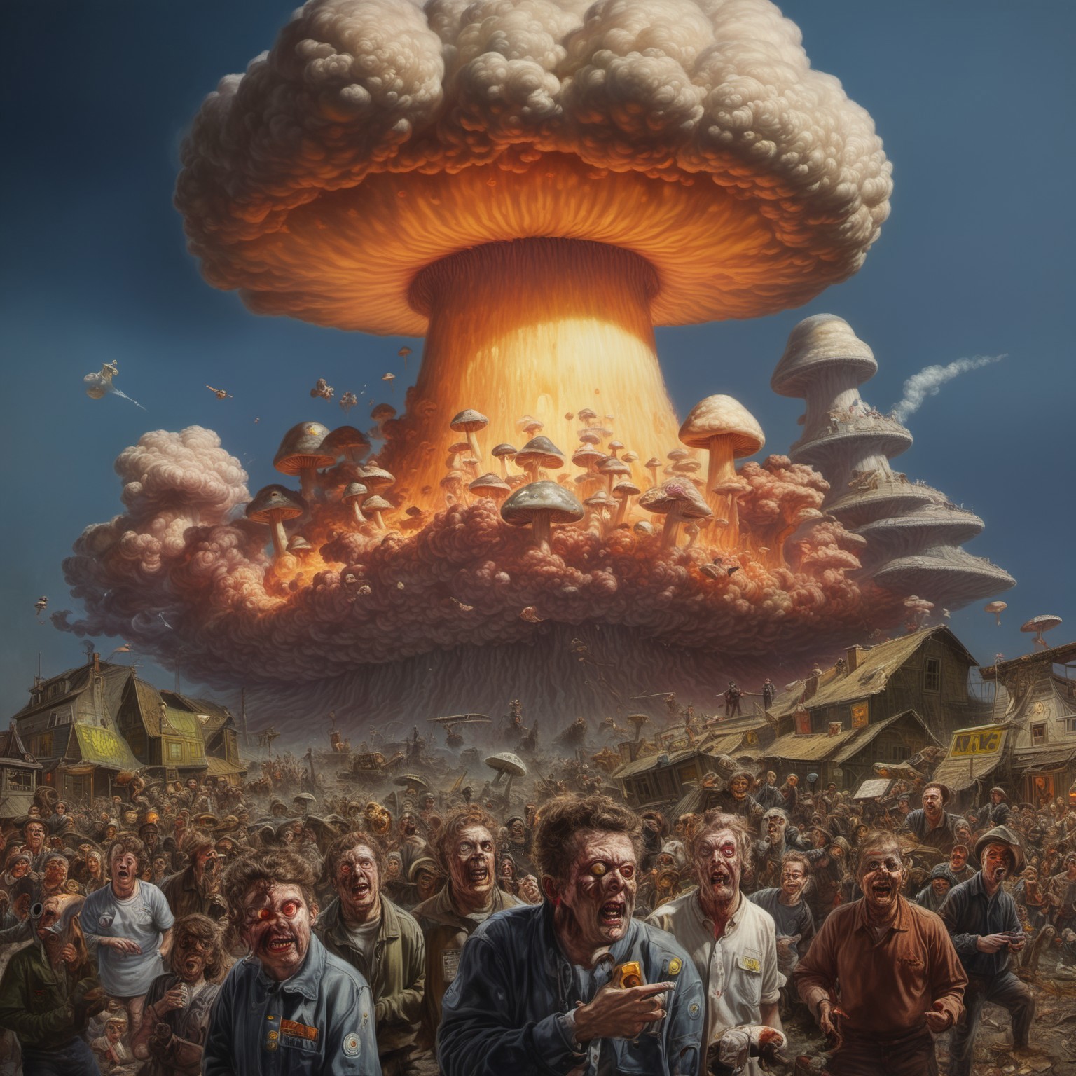 edrepkastyle, mushroom cloud in distance, toxic waste, people screaming, multiple characters, man in front with glowing eyes, horror, 

masterpiece, oil painting, highly detailed, painting, album cover
