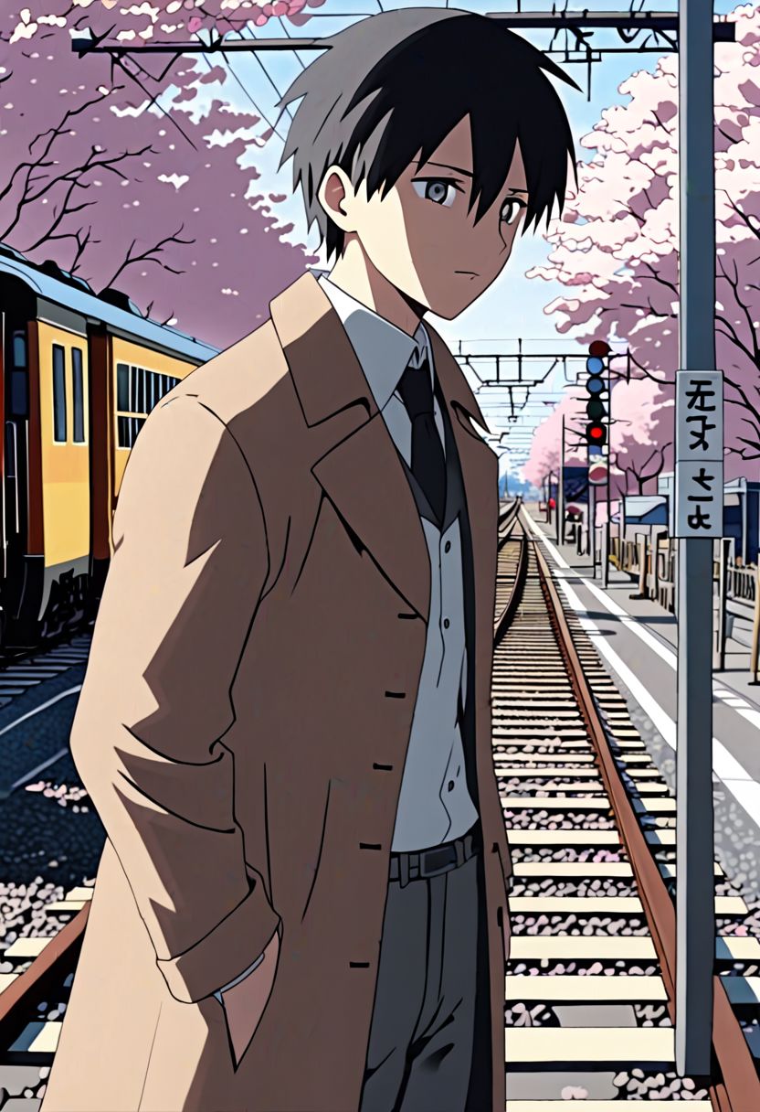 Highres, Masterpiece, High Quality, 4K, 8K, solo, 1Boy, Takaki Toono, adult, black hair, short hair, brown coat, trousers, passing train, railroad crossing, cherry blossoms, easynegative, detailed_eye_model