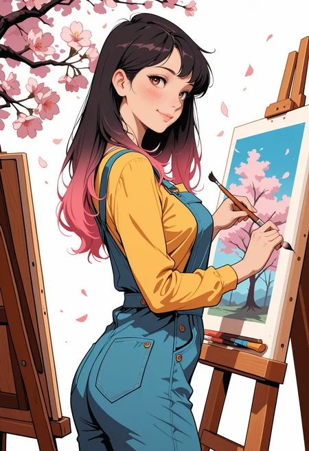 masterpiece, high_quality, highres, flat_colors, gradient, 
Complementary Colors, woman, art, inspiration, easel, brush, dungarees, cherry_blossoms, blush_smile