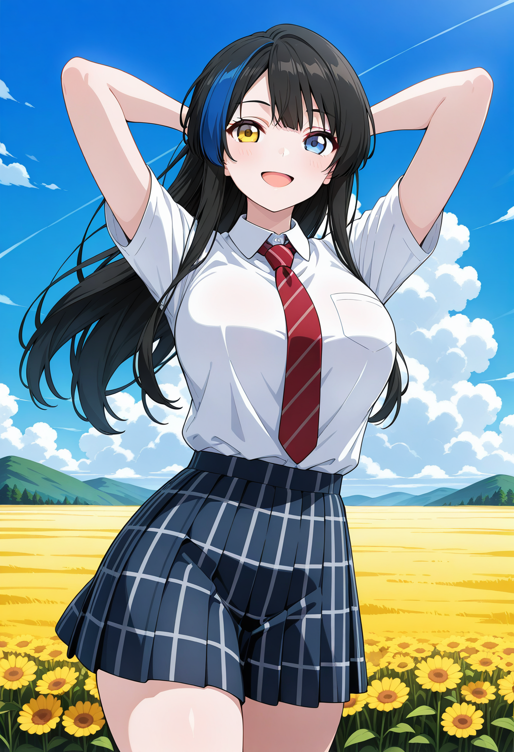 lady_justice, heterochromia, yellow eyes, blue eyes, multicolored hair, blue hair, black hair, long hair, school uniform, collared shirt, white shirt, short sleeves, plaid skirt, <lora:lady_justice_illustrious_ver1:0.8> 
1girl, solo, (field:1.2), (blue sky:1.2), looking at viewer, smile, open mouth,, masterpiece, best quality, general,, (cowboy shot, dynamic pose:1.4),