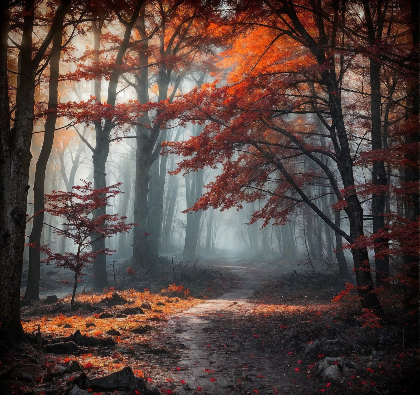RAW photo, (masterpiece:1.3), subsurface scattering, heavy shadow, (high quality:1.4), (intricate, high detail:1.2), professional photography, HDR, High Dynamic Range, realistic, ultra realistic, photorealistic, high resolution, film photography, ambient lighting, atmospheric effects, <lora:detail_slider_v4:2>, OverallDetail,  auwo, DarkFantasy, woods, foggy, village, <lora:AutumnWoods:1>, epiCPhoto