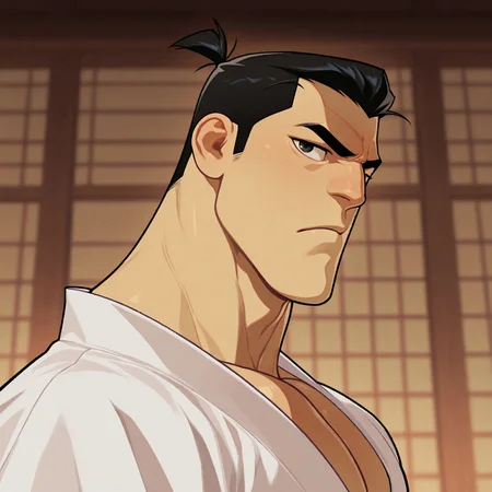 masterpiece, best quality, absurdres, newest, perfect quality, best quality, absolutely eye-catching, detailed background, intricate details, bara, 1boy, male, male focus, solo, black hair, short hair, small ponytail, forehead, samurai outfit, white outfit, bara, muscular, large pectorals, large biceps, face close-up, portrait, looking at viewer, side view, serious expression, very awa, best quality, absurdres, newest, perfect quality, detailed background, intricate details, (artist:rokudenashi:0.8), (artist:dizdoodz:0.7), (artist:gomtang:0.6)