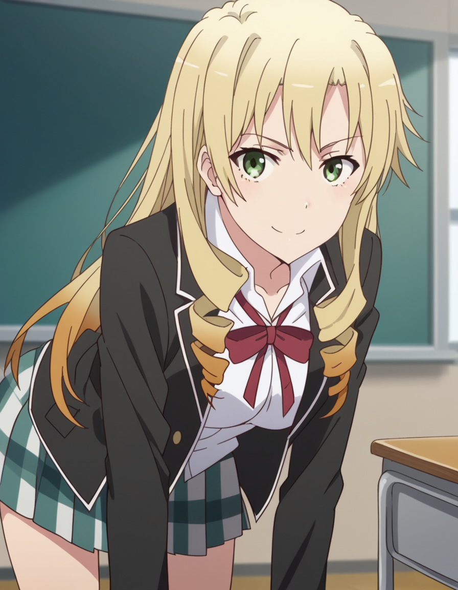 score_9, score_8_up, score_7_up, source_anime,
yumikomiura, <lora:yumiko-miura-s2s3-ponyxl-lora-nochekaiser:1>,
yumiko miura, long hair, blonde hair, green eyes, drill hair,
skirt, ribbon, school uniform, jacket, black jacket, plaid, plaid skirt, blazer, sobu high school uniform,
indoors, classroom, bent over, smile,
looking at viewer, cowboy shot, solo, dutch angle,